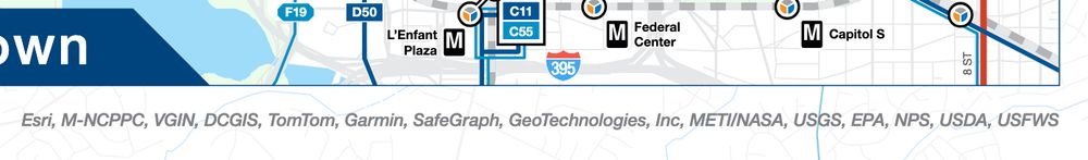 Data attribution on WMATA's DC Metrobus map citing: Esri, M-NCPPC, VGIN, DCGIS, TomTom, Garmin, SafeGraph, GeoTechnologies, Inc, METI/NASA, USGS, EPA, NPS, USDA, USFWS