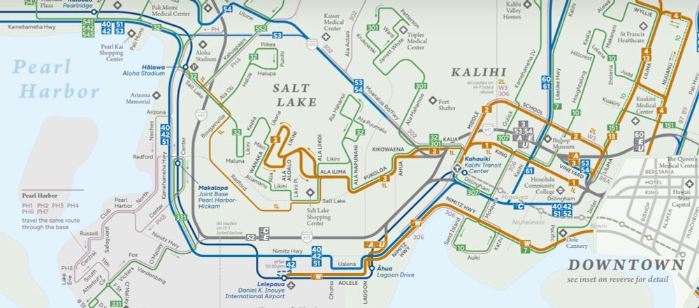 TheBus system map showing new Skyline stations from Aloha Stadium, Pearl Harbor, Daniel K Inoue International Airport, Lagoon Drive, and Kalihi Transit Center. New A, U, and W rapid bus lines.