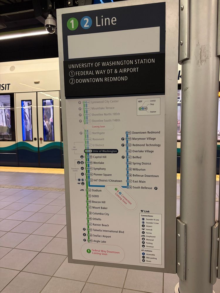 Link light rail system diagram showing 1 and 2 lines with station numbers on platform. Lower numbers in the north, increasing toward the south and east.