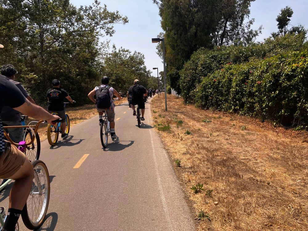 Continuous stream of people on their bikes filling the trail
