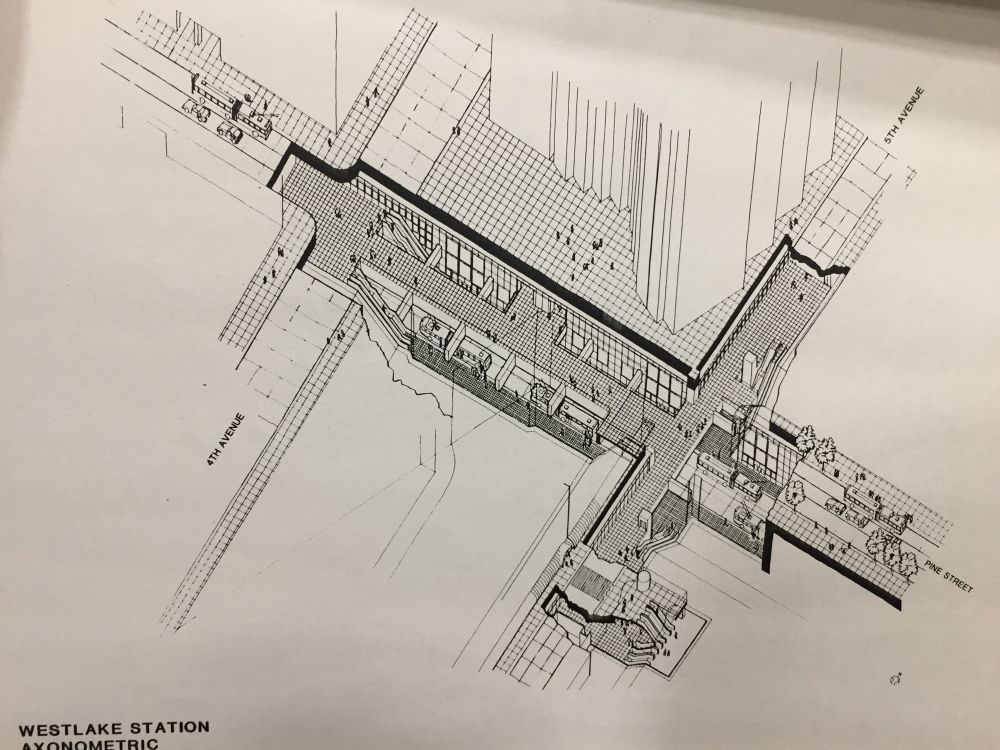 Westlake Station (axonometric) birds eye cut away view showing a dedicated 5th Avenue head house with wide crosswalk in front.