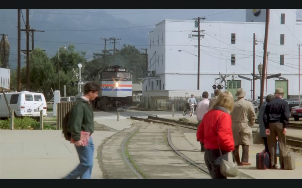Amtrak train coming from Los Angeles arrives at Santa Barbara circa 1980s.