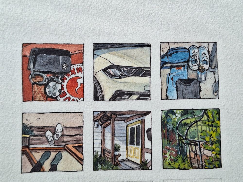 Photo of two rows of thumbnails from my challenge "3x3thumbsup". The second row is new it shows from left to right: my feet while entering a balcony, a yellow door and a hidden garden spot. Everything is painted in watercolours.