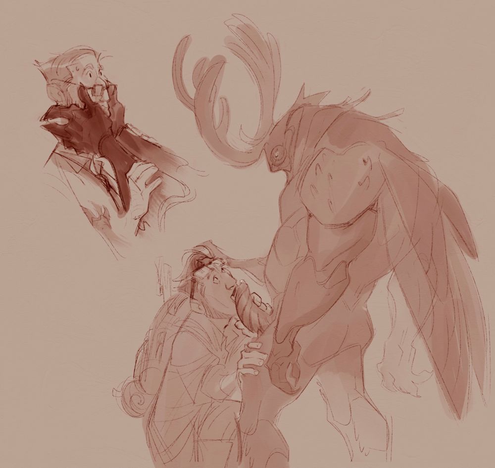 Digital sketches. The top is a bust shot of a man with his head sandwiched between two gigantic monstruous hands. 
In the sketch on the right the same man is on his knees, giving head to a ginormous anthro beetle.