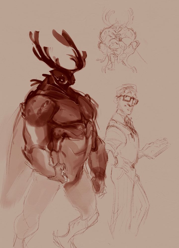 Sketch of a hefty and thick anthropomorphic beetle next to a regular human man
