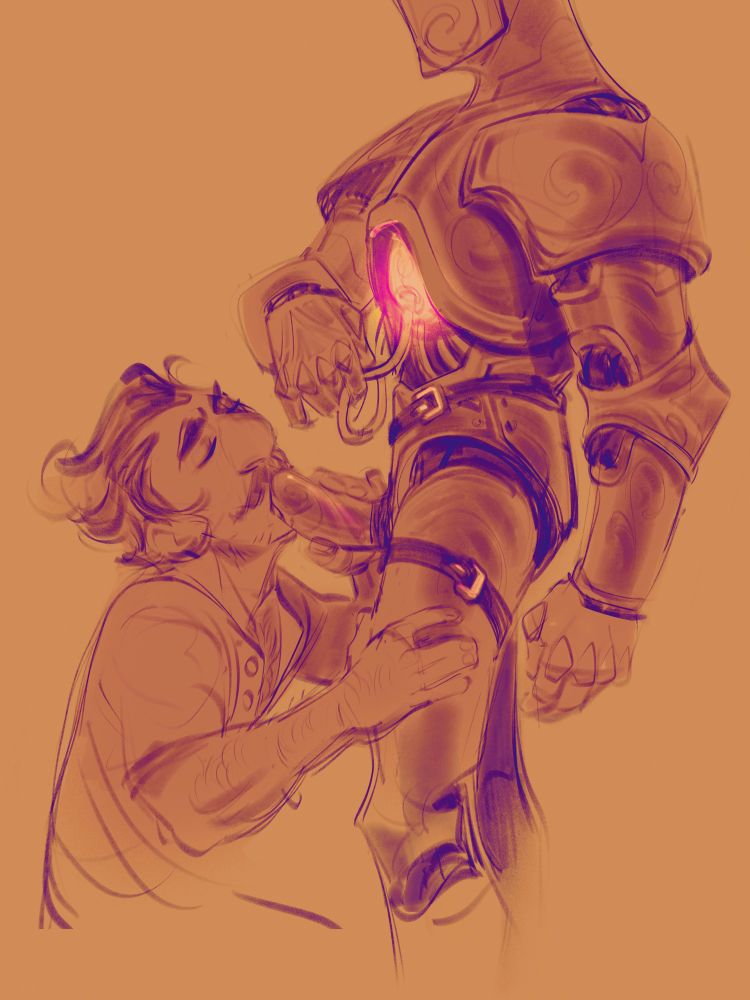 A digital sketch. On the right stands a droid wearing a strap on. The chest plate is off, with engine and wires visible on the inside and his right hand manipulating one of them. On the left kneels a  human, sucking on the strap.