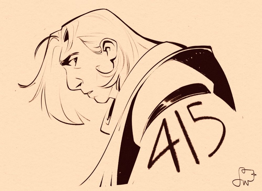 A portrait line sketch of the commissioner’s character 415/River