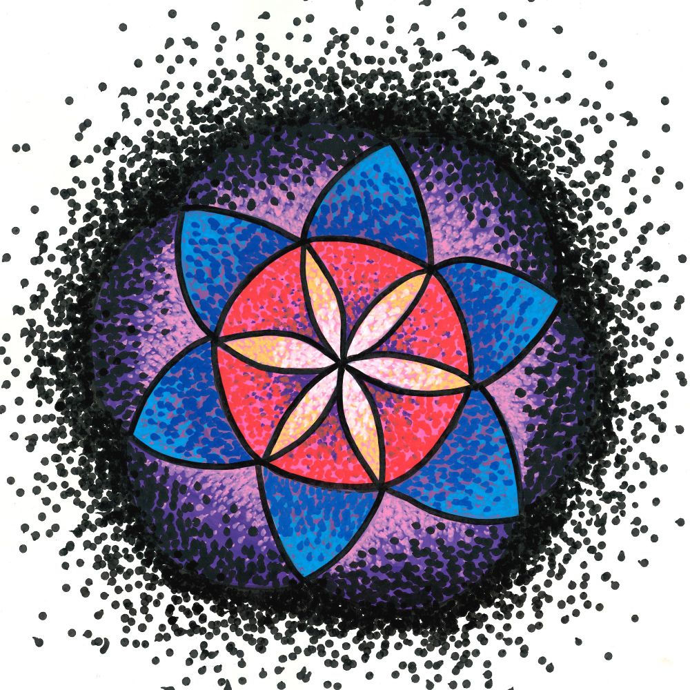 a sacred geometry drawing of the "seed of life" consisting of seven overlapping circles. The artwork is colored with markers in red, blue, pink, purple, yellow, and black.