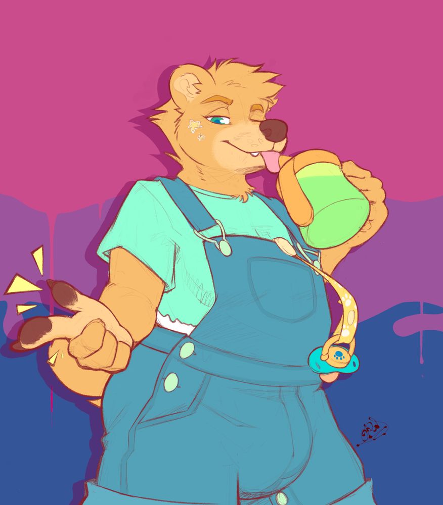 A picture of Elodie, a golden-colored bear. She's wearing overalls and a teal shirt, from which a pacifier is dangling. In her hand, a sippy cup filled with a bright yellow liquid. It is strongly hinted that she's wearing a diaper under her clothes. She stands before a bisexual pride background, smirks and snaps her fingers. 