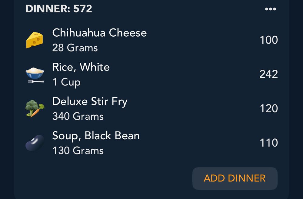 Lose it app, Chihuahua cheese (100cals), rice white (242cals), deluxe stir fry veggies (120cals), black bean soup (110cals)
Dinner: 572