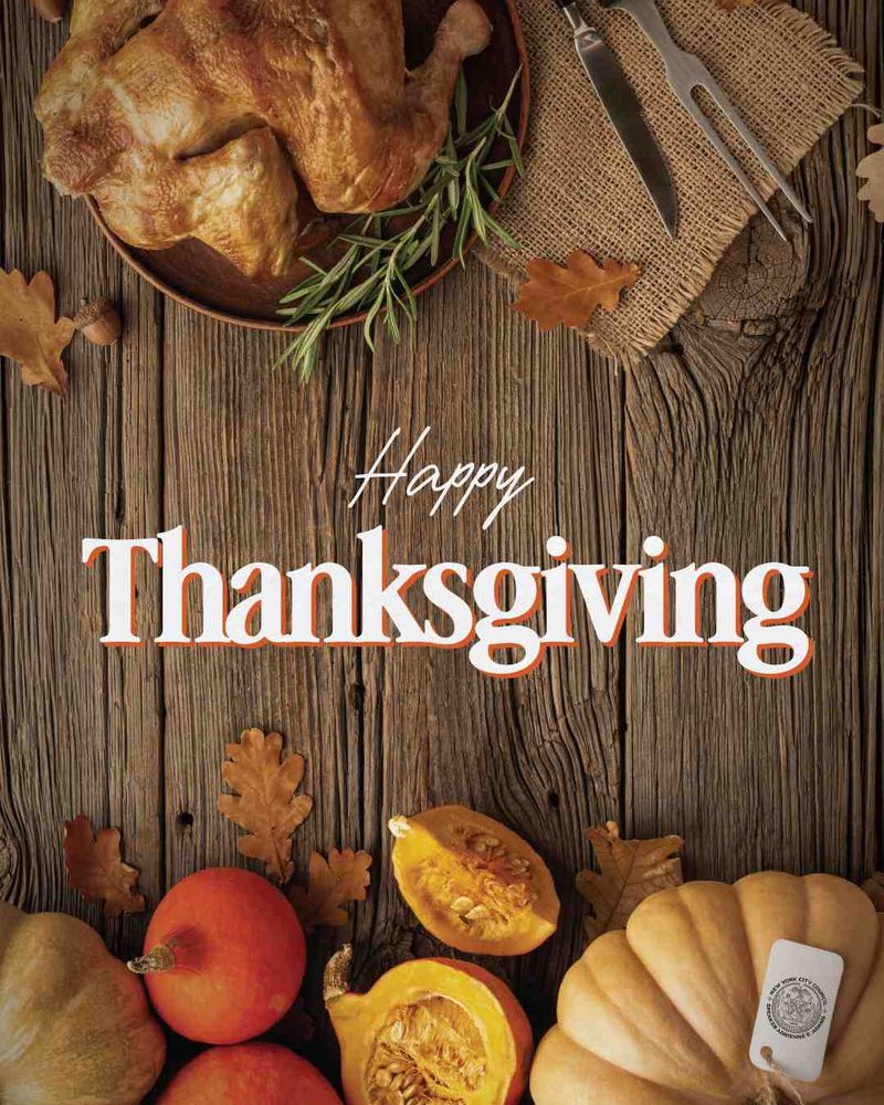 Roasted turkey on a plate with herbs, autumn leaves, pumpkins, and a rustic wooden table with Happy Thanksgiving text.