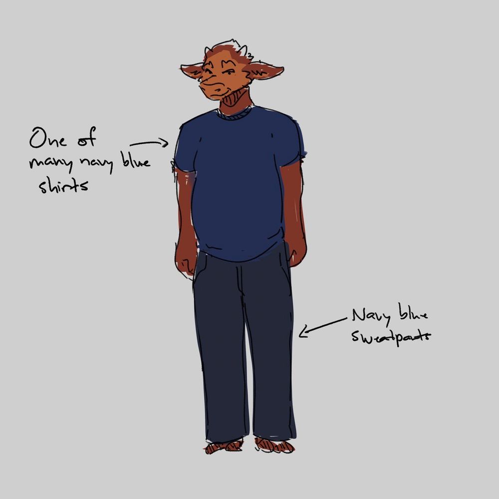 A quick doodle of an anthro cow standing upright. He is wearing a navy blue and navy blue sweatpants.