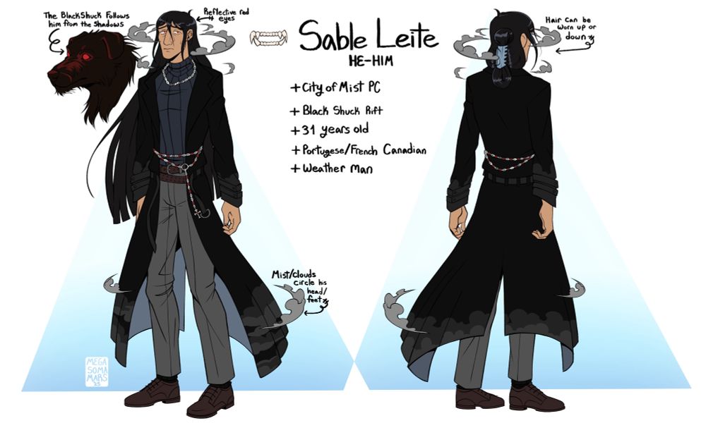 A front and back view of a man with long dark hair wearing a long black coat, a rosary as a belt and a chain around his neck. The text reads: Sable Leite (He/Him) City of Mist PC, Black Shuck Rift, 31 Years old, Portuguese/French Canadian and Weatherman.