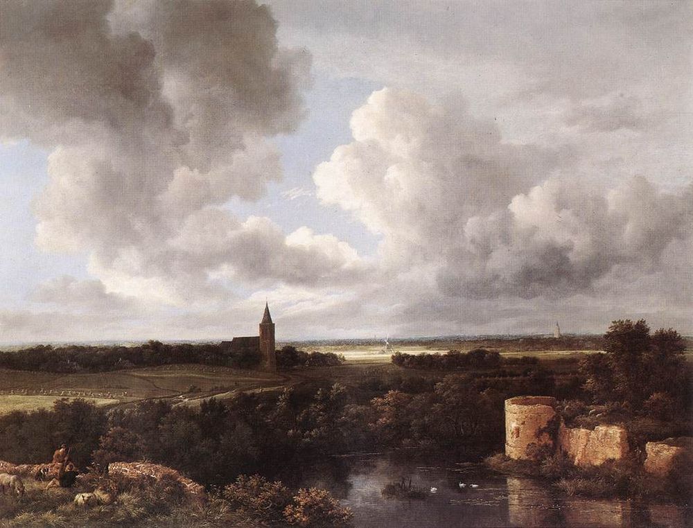 A Landscape with a Ruined Castle and a Church, by Jacob van Ruisdael 