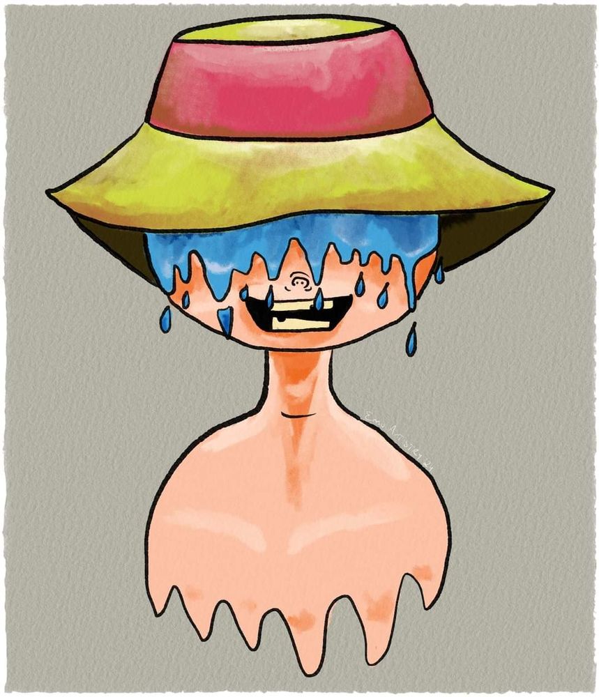 Cartoonish guy with a yellow and red rain hat, melty blue hair that turns into liquid drops, and the torso cuts off into a melty shape as well