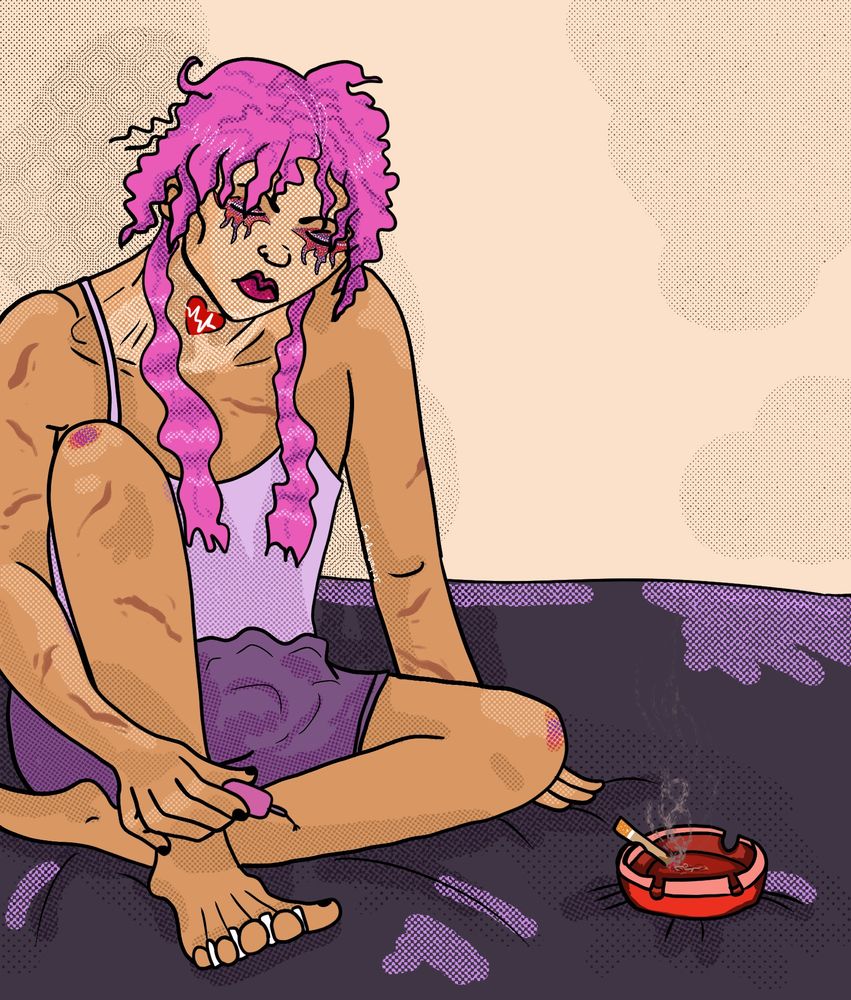 Jackke, a pink haired nonbinary person, paints xir toenails in a pale pink-purple tank top and light purple shorts. A cigarette is in an ash tray next to xem.
