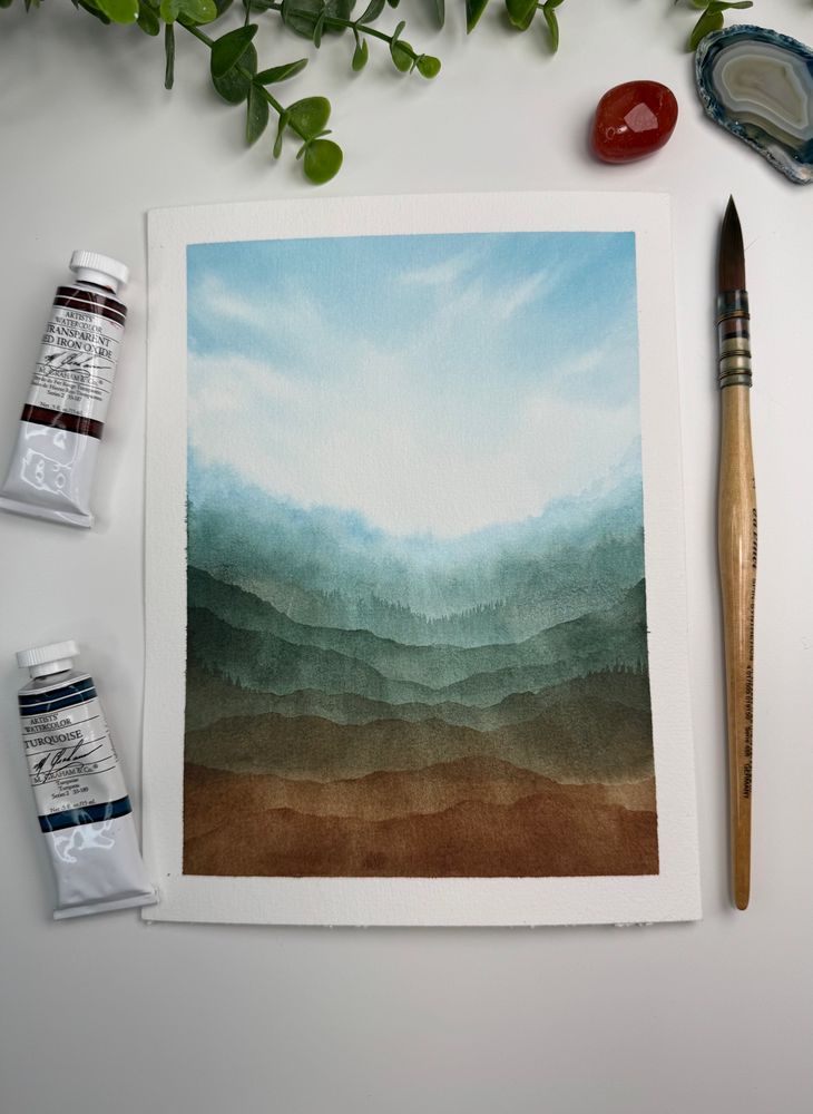 Watercolor painting of landscape layers with turquoise and transparent red iron ox. These two colors actually make green. 💚