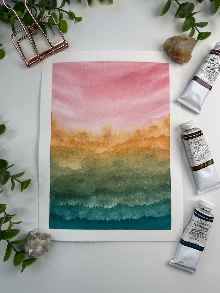 Watercolor color mixing and layers practice using crimson, raw sienna, and turquoise.