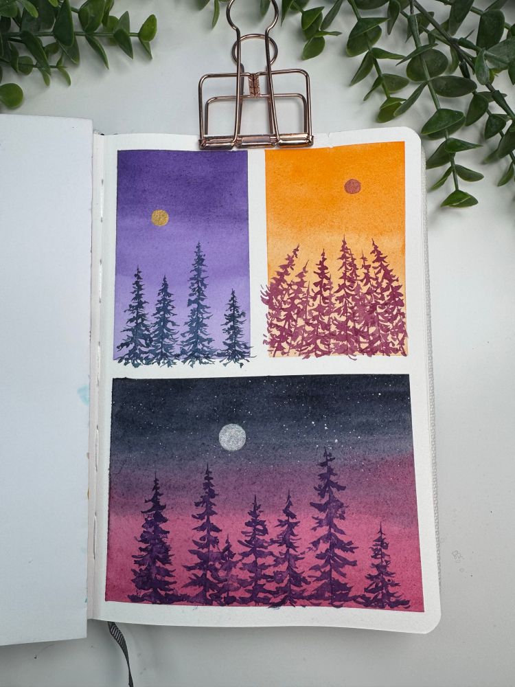 Three different watercolor gradients of silhouettes of trees in a moon or sun.