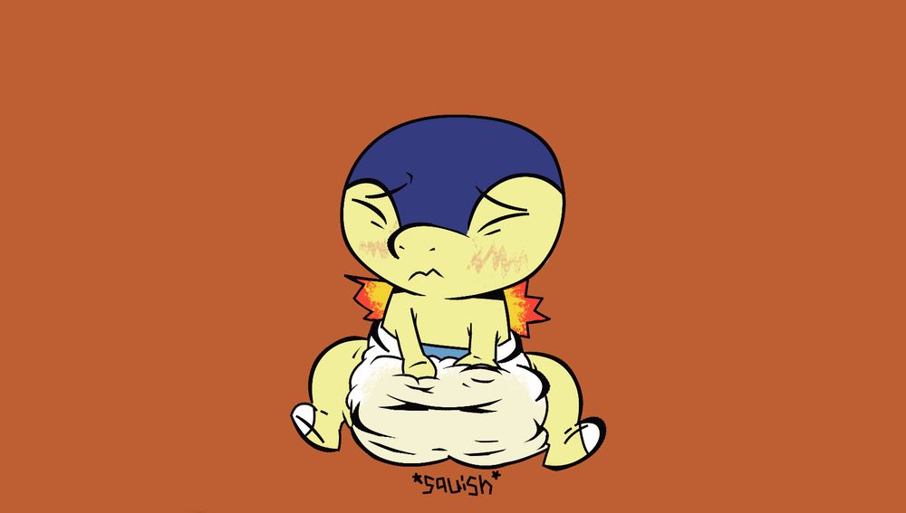 a Cyndaquil pressing down on their diaper, probably shy and hoping for someone to pick him for an adventure.