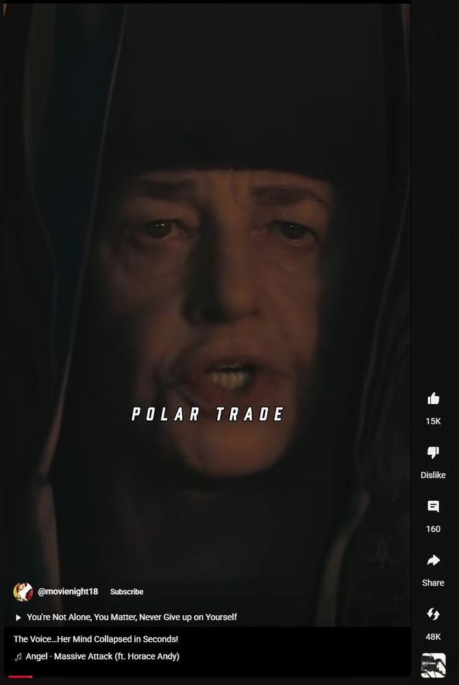 Ein Screenshot aus einem YouTube Short. Man sieht eine alte Frau in einer Art Nonnenkleidung. Über ihrem Gesicht ist ein Schriftzug mit den Worten "Polar Trade". 

Das YouTube Short gehört zu dem Kanal "Movienight18".