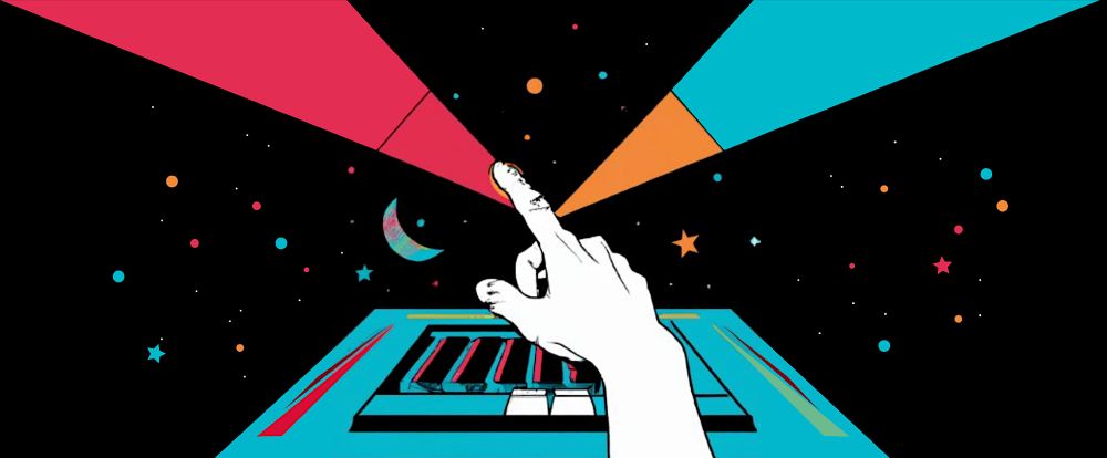 Logo of the herakoi project.
An illustration depicting a hand and a piano-like interface emitting colorful beams of light set against a starry, cosmic background. The image is aimed at evoking the motion-sensing capabilities of herakoi in the context of image sonification