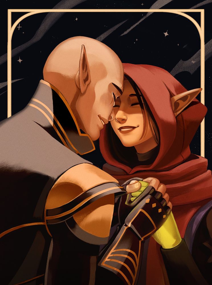 A colored digital art of Solas and a romanced Lavellan from the Dragon Age serie, in a closed shot of them nuzzling blissfully while Solas hold Lavellan's fade hand in his own hands. A single tear escapes from Solas' closed eyes.