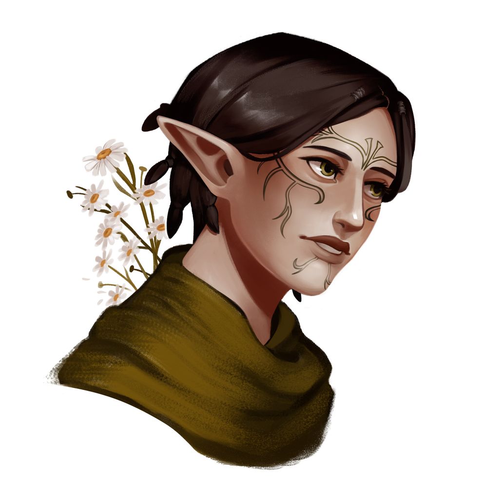 A fanart portrait of the character Merrill from Dragon Age 2, looking upward. There are daisies growing behind her, as a little wink for her nickname "Daisy".