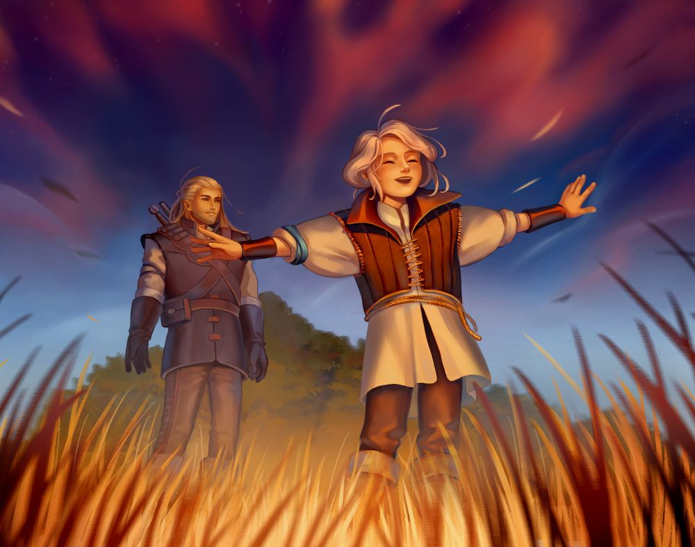 A colored fanart of Geralt and young Ciri from The Witcher's series. They are in a grass field, the sun is setting and they both look happy and free.