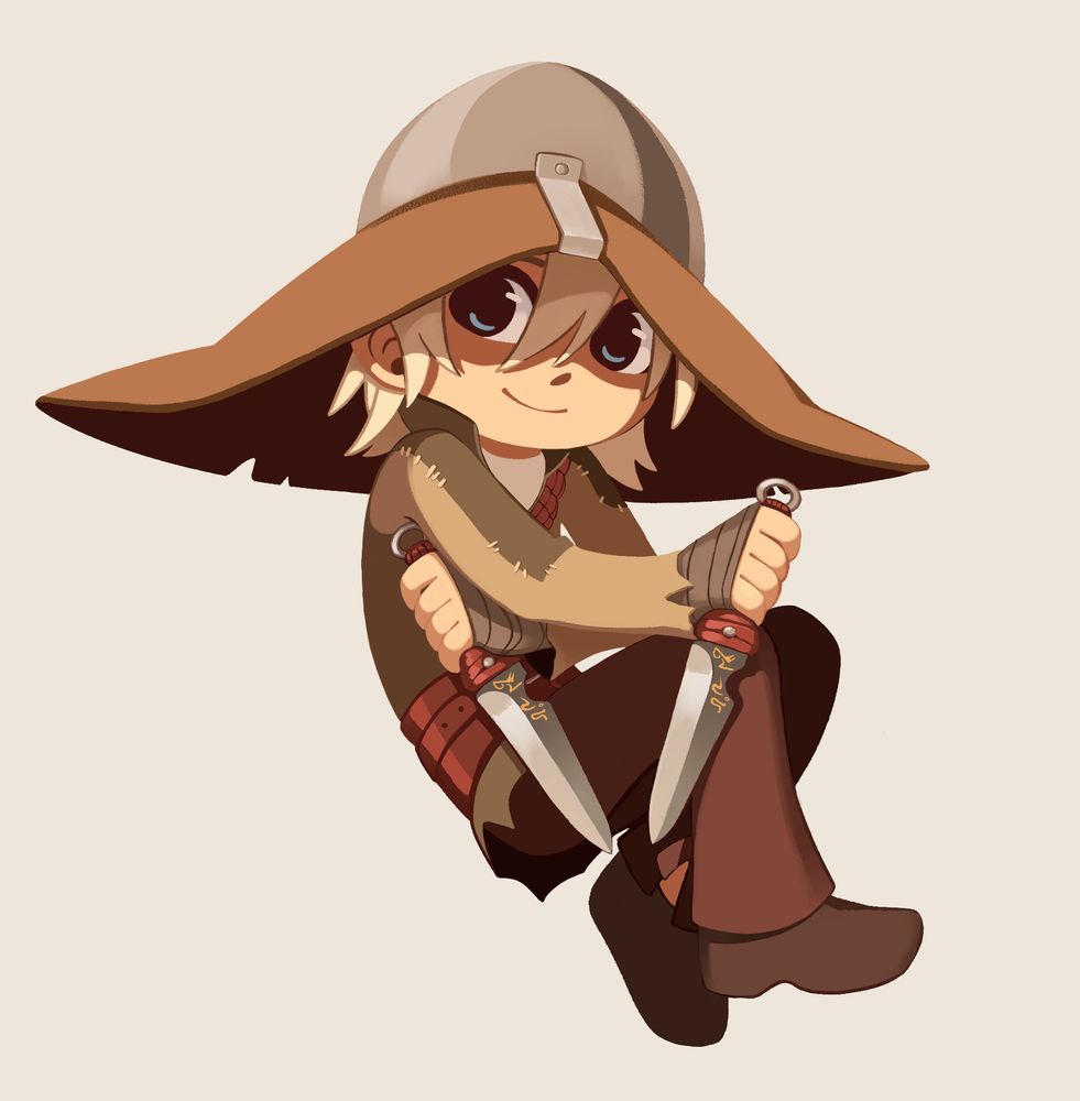 A colored chibi of Cole from the video game Dragon Age Inquisition.
He's smiling, has his very large hat from and his daggers from the book Asunder.
