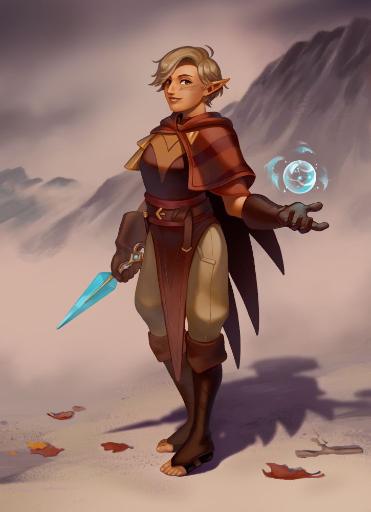 A colored digital painting of a Rook OC from Dragon Age The Veilguard. She has short ashen blond hair, a warm colored veil jumper outfit, a magic orb and the Lyrium Dagger. She's posing in a quickly made landscape inspired by Arlathan mountains.