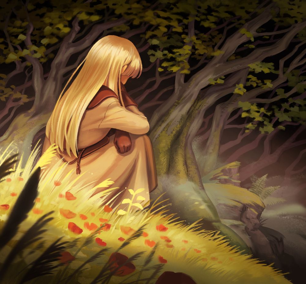 colored illustration of a thoughtful blong girl sitting in a grass field basking in the sun, next to a forest full of trees in the shade. The tree trunks are curvy. There's small poppies in the grass around the girl.