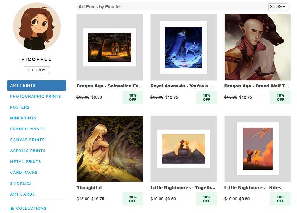 A screenshot of my Inprnt page! Featuring Dragon Age, Little Nightmares, Royal Assassin and original art prints.