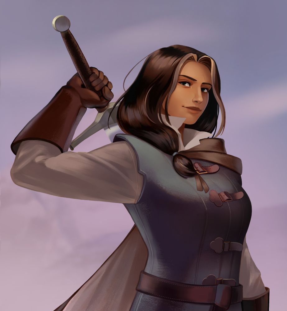 Digital painting of the bust of a ttrpg character, a female warrior in a a doublet and a side cape, catching her longsword from her back. She looks at us and smile.