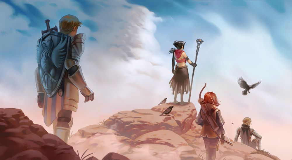 A fanart illustration of the 4 bachelores from Dragon Age Origins (Alistair, Morrigan, Leliana and Zevran) on top of a mountain looking at the sky. We are in their back, crows are sourrounding Morrigan.