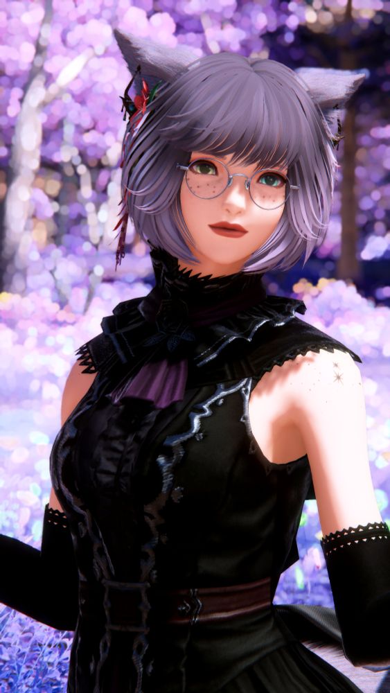 Purple haired miqo'te in Lakeland with a soft smile