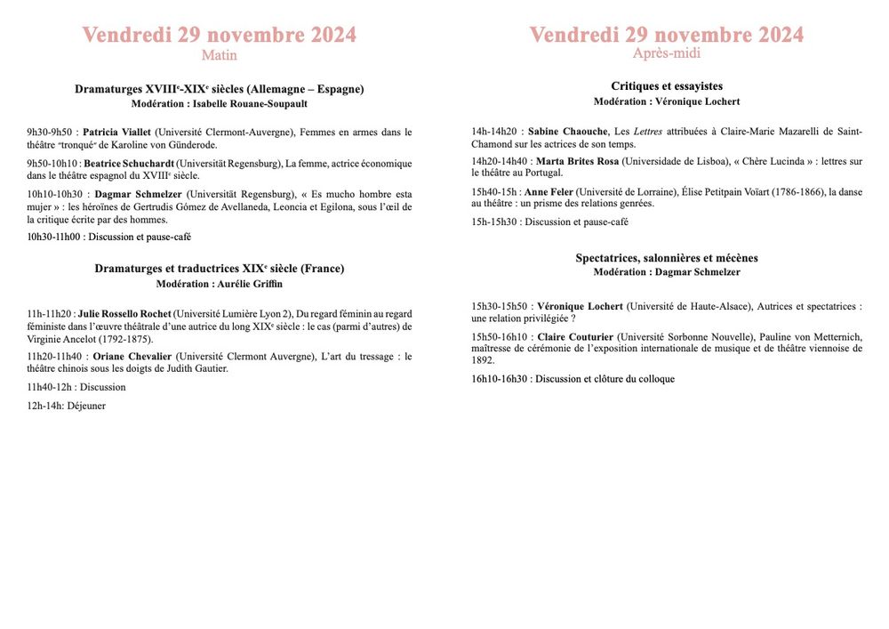 programme du colloque pour le vendredi 29 novembre 2024