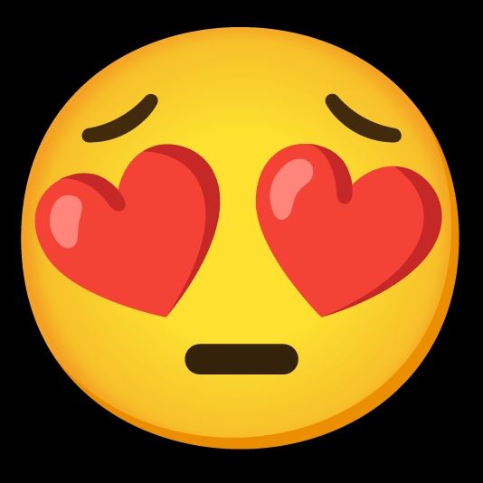 Ein Smiley mit waagerechtem Mund und Herzen als Augen. Schräge Augenbrauen.