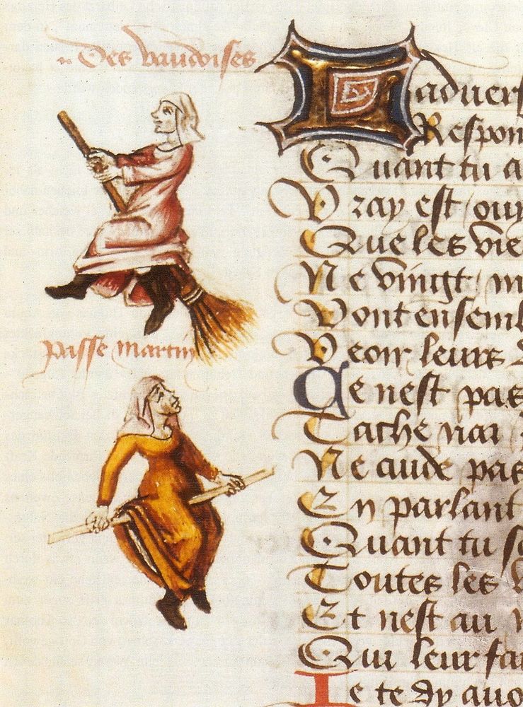 Two women riding broomsticks in the margins of a 15th century manuscript 