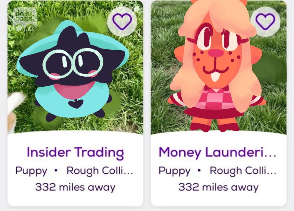 Ralsei and Noelle are listed as adoptable puppies. Ralsei's name is "Insider Trading" and Noelle's name is "Money Laundering".