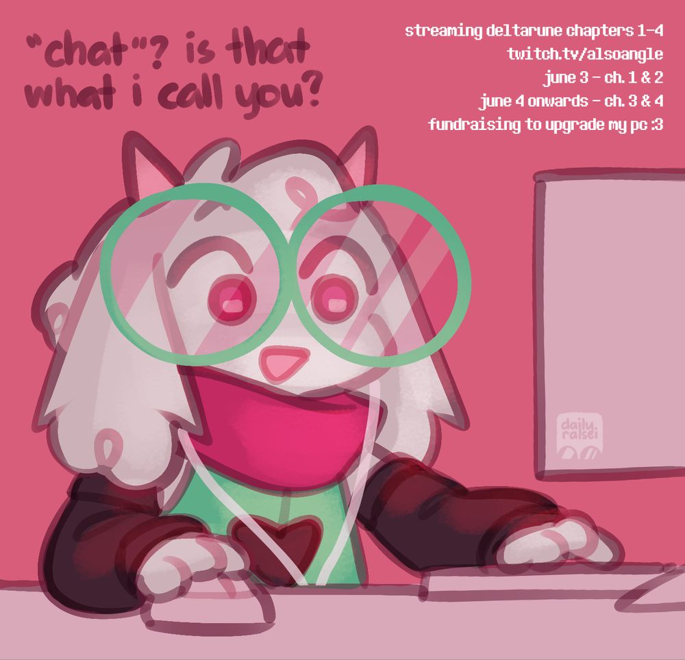 Ralsei is using a computer; one paw on the keyboard and the other on a wireless mouse. He is wearing earphones. He says, "'chat'? is that what i call you?"