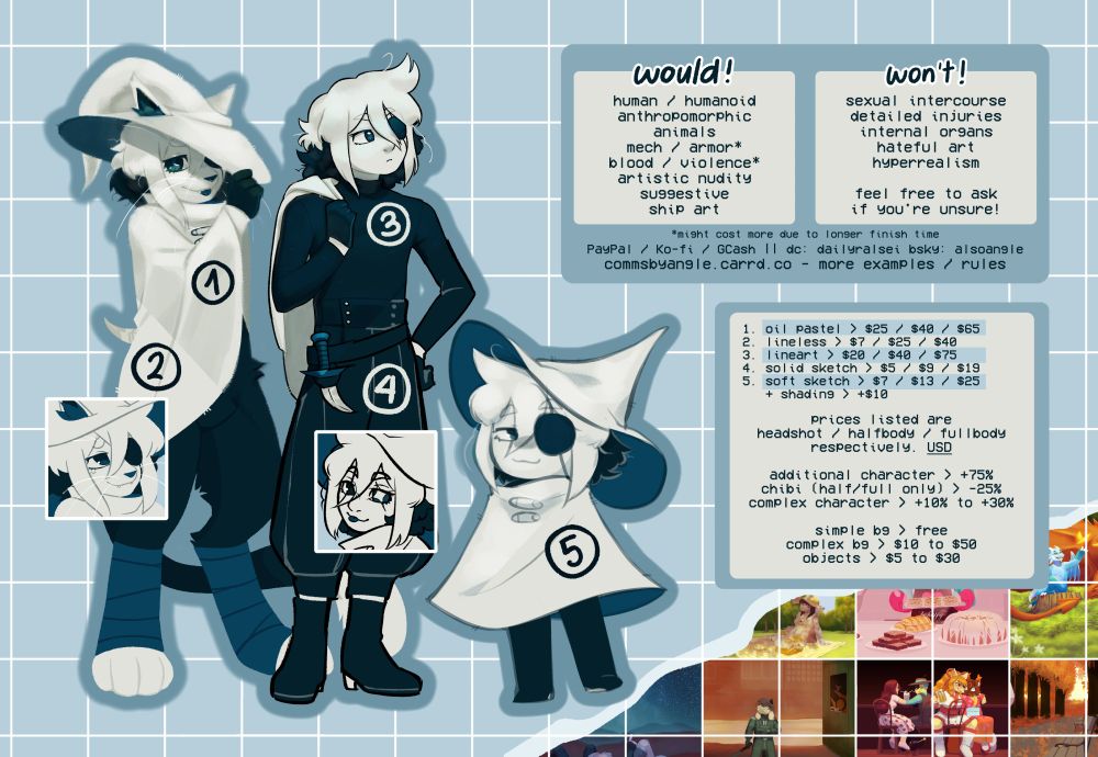 My art commission price sheet and examples. A text version of the information can be found at https://commsbyangle.carrd.co