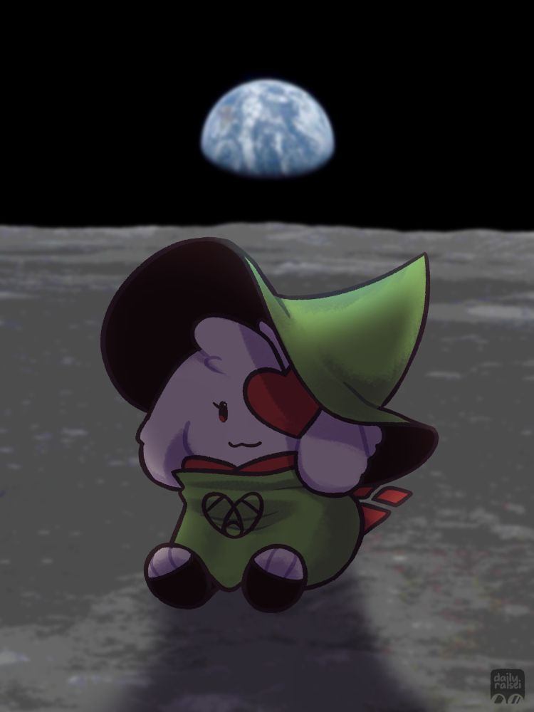 Ralsei is sitting down on the surface of the moon. The Earth is behind him.