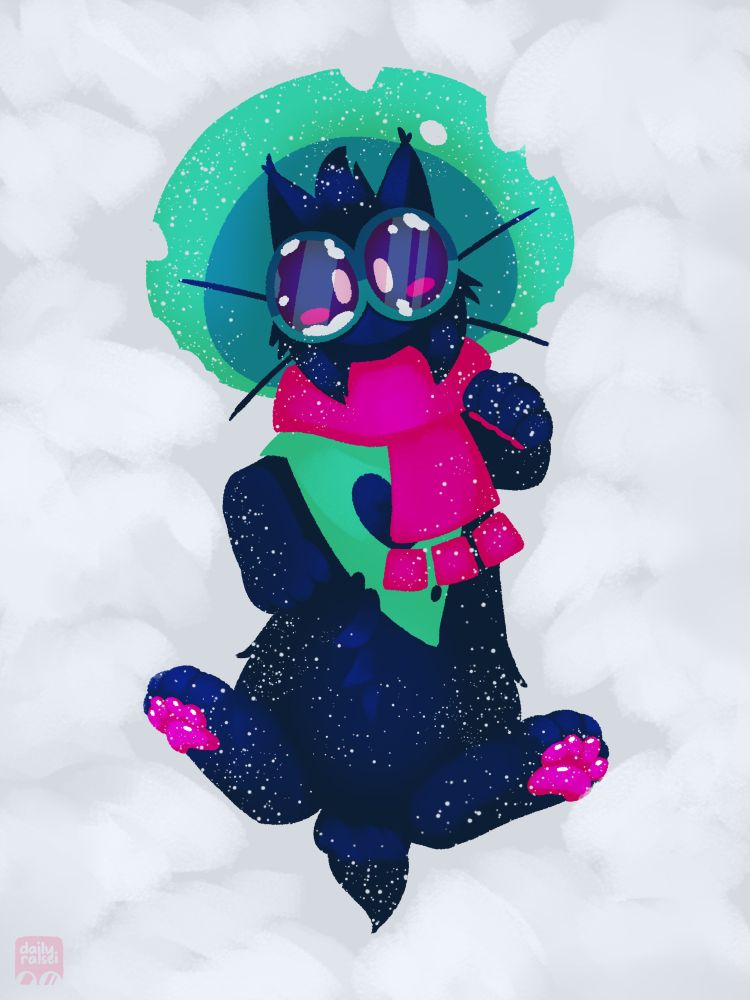 Ralsei as a lynx, laying back in the snow. He is covered in little bits of snow.