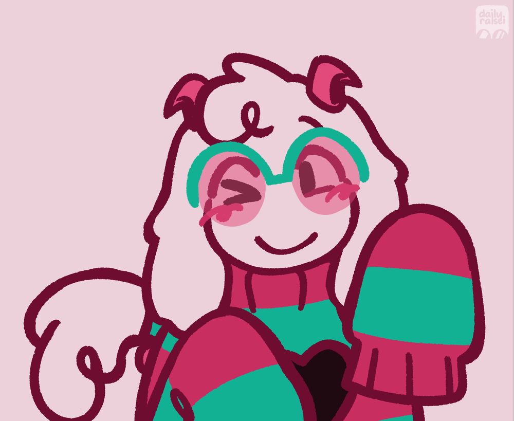 Ralzay is winking and smiling, sweater paws raised.