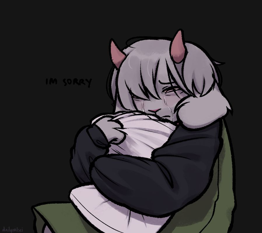 Ralsei is crying and gripping a pillow, hugging it tightly.