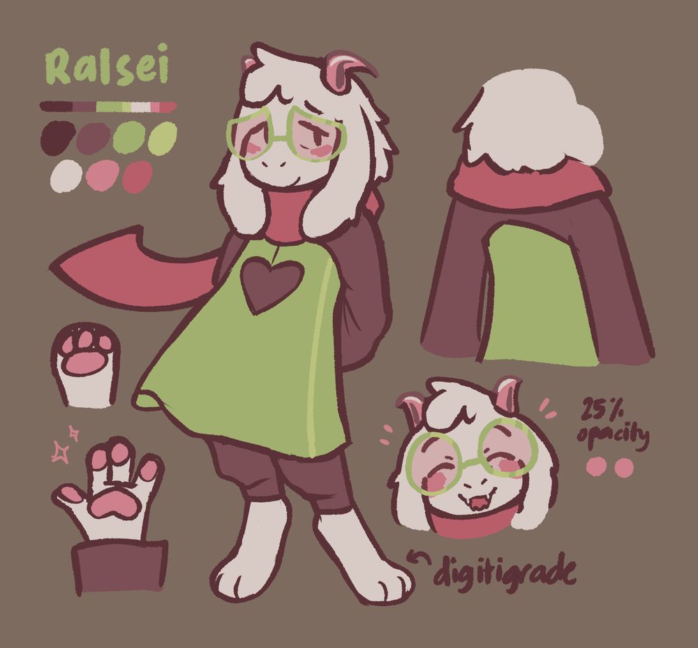 A reference sheet for a new Ralsei design I made. It includes a color palette, a full-body front view sketch of Ralsei, and a half back view. There is also a sketch of his hand and foot prints, and a headshot of him smiling brightly.