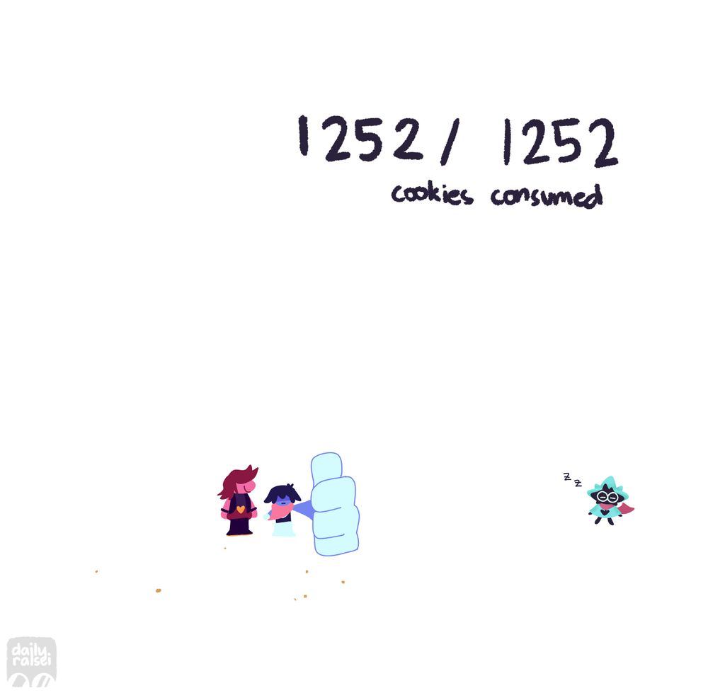 Kris and Susie are standing in the middle of a few cookie crumbs. Kris is holding up a huge thumbs up. Ralsei is asleep, to the side. "1252/1252 cookies consumed"
