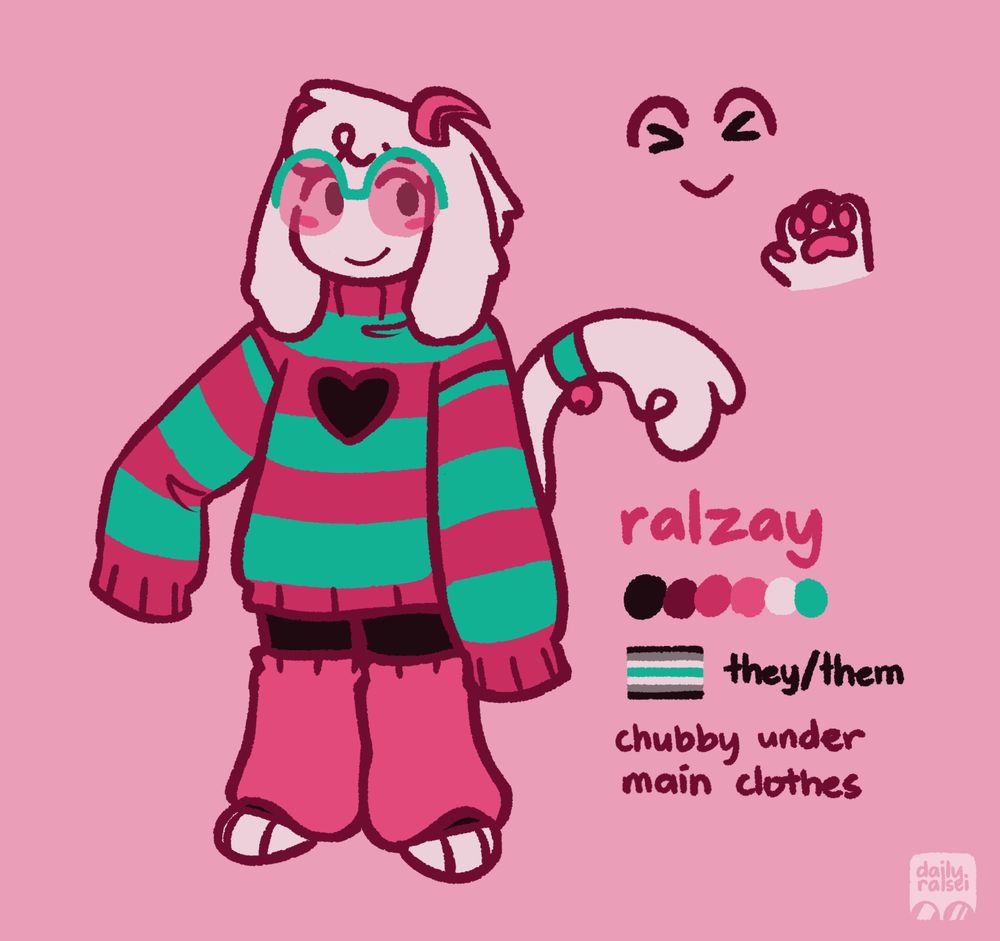 Ralzay is wearing a huge green and pink striped sweater, pink leg warmers, and green half-rim glasses. The sweater has a heart-shaped hole in the middle of the chest, revealing black undergarments. A pink bell with a green collar is worn around their tail.

Ralzay is agender and uses they/them pronouns. They are chubby under their main clothes.