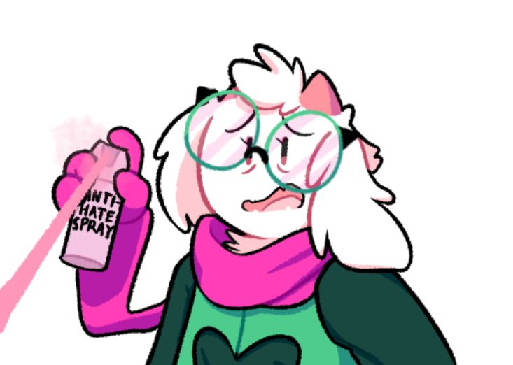 Ralsei is panicked and yelling. Also, his glasses are crooked and his fur is all ruffled. His scarf arm is spraying a can of "anti-hate spray" at the bottom left corner of the image.